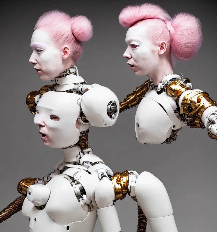 Prompt: portrait of a futuristic cyborg monster wearing a gold pipes fitted bdsm mask and pink hair buns, wearing a black bodysuit by alexander mcqueen, cream white background, perfectly symmetric, soft diffused light, biotechnology, humanoid robot, hanging electrical cables and pipes, bjork aesthetic, translucent, by rineke dijkstra, intricate details, highly detailed, masterpiece,