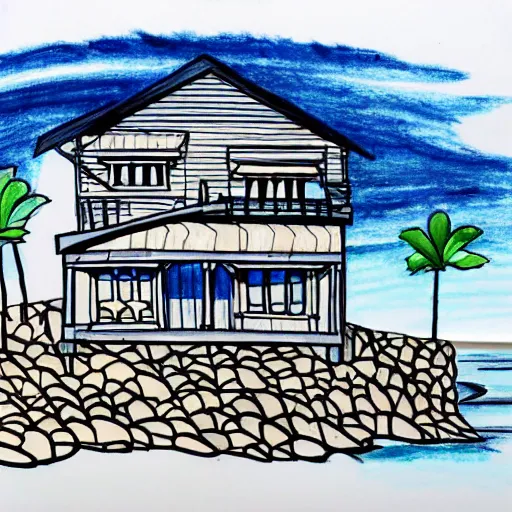 Image similar to imaginative drawing of a beach house, black ink outline, cel - shading, water color