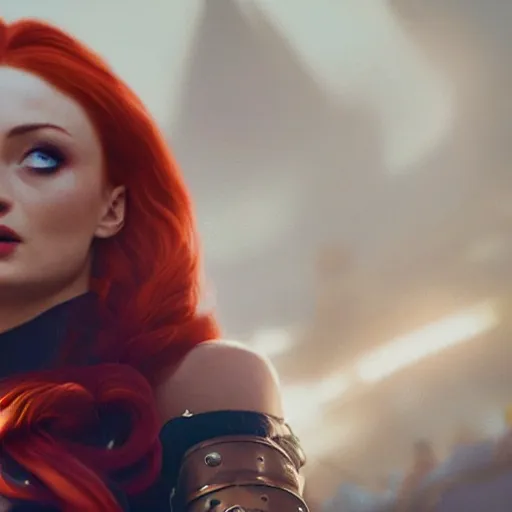Prompt: an action shot centered on Sophie turner as Miss Fortune in League of Legends, 4K, cinema, imax, hyperreal