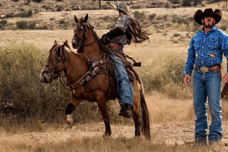 Prompt: film still of the main character brawny burly surly cowboy standing in the outdoor scene in an action movie posing for the camera, 4 k wild west westworld 2 0 1 6