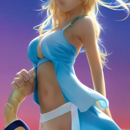 Image similar to a very beautiful proud young anime tennis girl, confident, full body, long wavy blond hair, sky blue eyes, full round face, bikini, miniskirt, front view, mid - shot, highly detailed, cinematic wallpaper by stanley artgerm lau