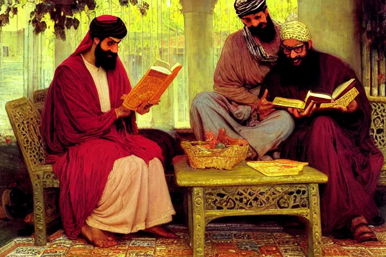 Prompt: the prophet mohammed reading salman rushdies book the satanic verses to a woman, being delighted and cheerful, whispering words of wisdom in solidarity, painted by frederick arthur bridgman, oil on canvas