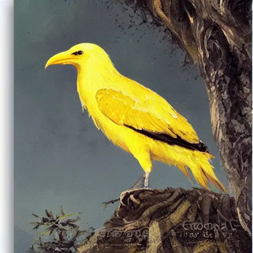 Image similar to a yellow crow on a tree with white leaves, detailed, by greg rutkowski