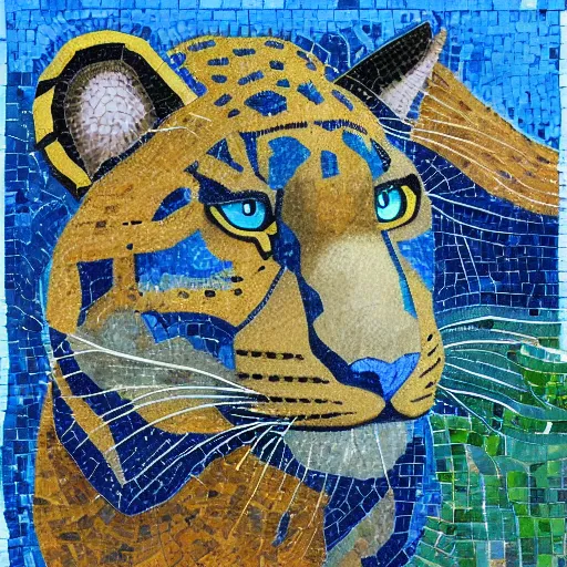 Image similar to church painting of the god of nature, the blue panther, hyperdetailed, mosaic