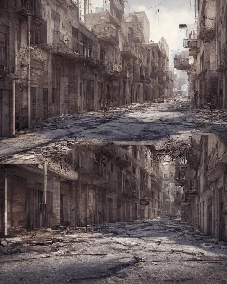 Image similar to abandoned streets of post-apocalyptic Barcelona, ghost town, octane, 3d render, extremely detailed