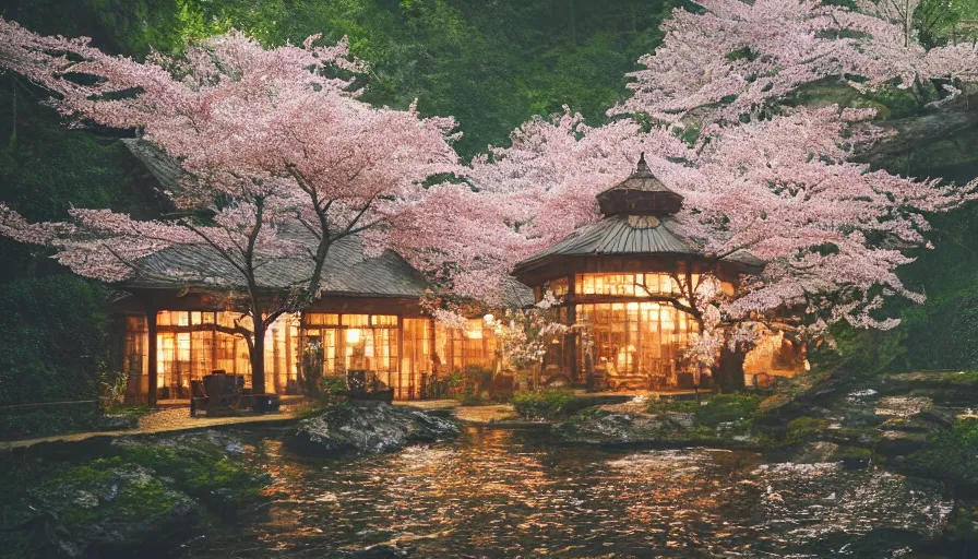 Prompt: a Sophia Coppola 35mm film still of a very surreal magical European castle style cabin with a bookstore cafe behind a lush waterfall, falling cherry blossoms pedals, in the style of Gucci and Wes Anderson glowing lights and floating lanterns, foggy atmosphere, rainy, moody, muted colors, magic details, very detailed, 8k, cinematic look, octane render, psychedelic,