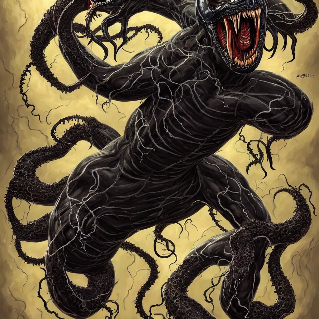 Prompt: full body long shot venom from marvel comics!!!!, large mouth with teeth, lovecraftian horror!, surrealism, fantasy, intricate, elegant, highly detailed, digital painting, artstation, concept art, matte, sharp focus, illustration, art by keith thompson and christopher lane