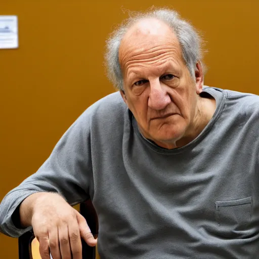 Prompt: werner herzog sits in the waiting area of the dmv. ultra wide shot, photography award, documentary, very detailed face, 4 k