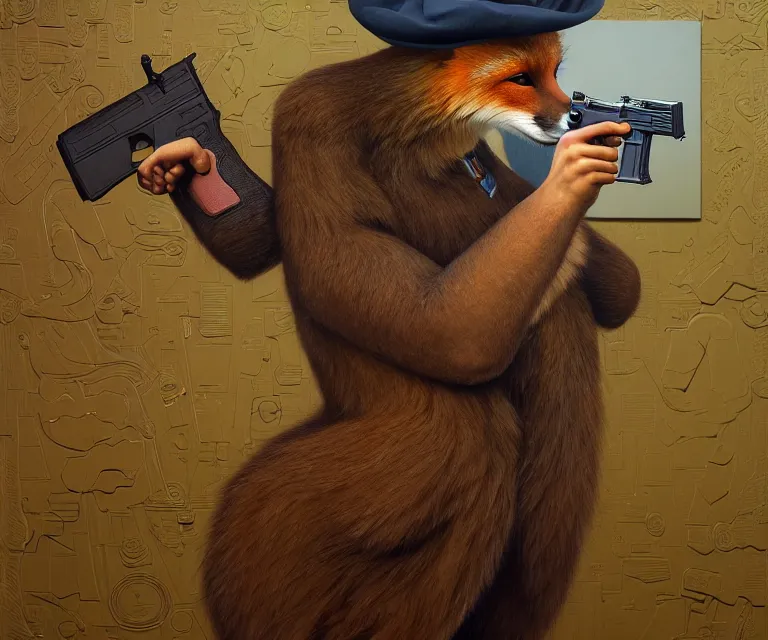 Prompt: hyper detailed 3d render like a Oil painting - portrait of an anthro fox wearing a beret and pointing a glock at the camera, by Jacek Yerka, Mariusz Lewandowski, Houdini algorithmic generative render, Abstract brush strokes, Masterpiece, Edward Hopper and James Gilleard, Zdzislaw Beksinski, Mark Ryden, Wolfgang Lettl, hints of Yayoi Kasuma, octane render, 8k