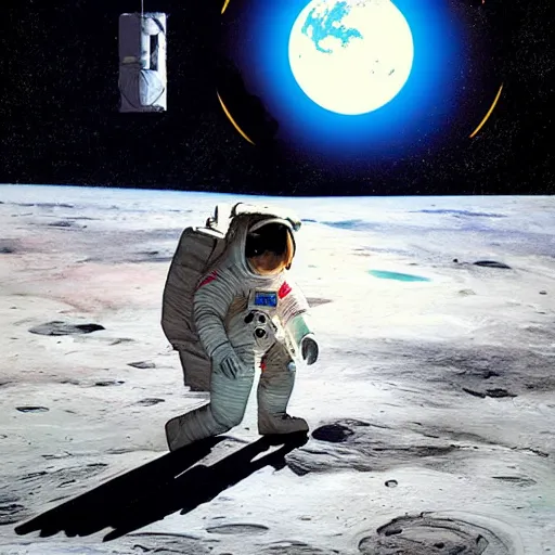 Image similar to futurism pop art of an astronaut watching earth from the moon, by greg rutkowski