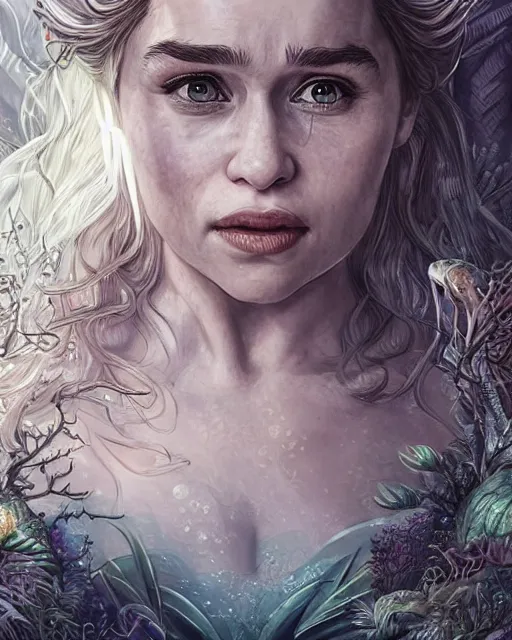 Prompt: emilia clarke as khaleesi with a piercing gaze wearing na enchanted bikini in an underwater magical forest, highly detailed face, realistic face, beautiful detailed eyes, fantasy art, in the style of artgerm, illustration, epic, fantasy, intricate, hyper detailed, artstation, concept art, smooth, sharp focus, ray tracing, vibrant