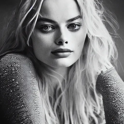 Prompt: Margot Robbie with wet hair, soft lighting, sharp details, warm colors, studio portrait, 35 mm film