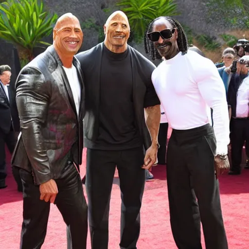Image similar to a picture of Dwayne Johnson, snoop Dogg and Jackie Chan posing together for the camera
