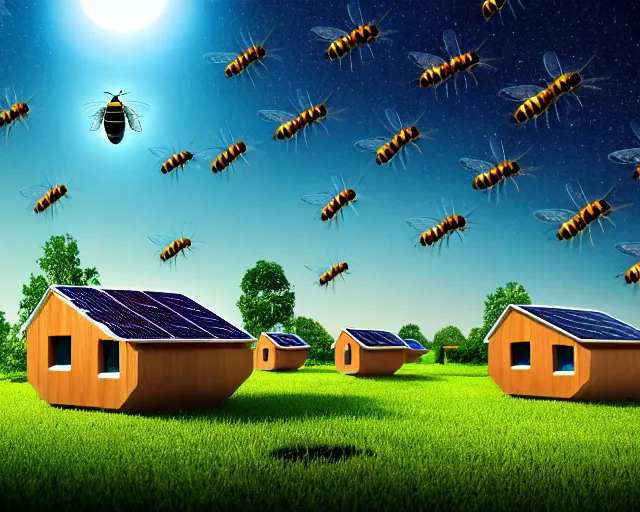 Image similar to connected ecovillage houses with solarpanel, very big bee and a cow is flying around - plant goddess high quality photo, microchip, artificial intelligence, bio - mechanical bio - luminescence, black wired cables, neurons, nerve cells, cinematic, rim light, photo - realistic, elegant, high detail, 8 k, masterpiece, high fashion, in the style of man ray