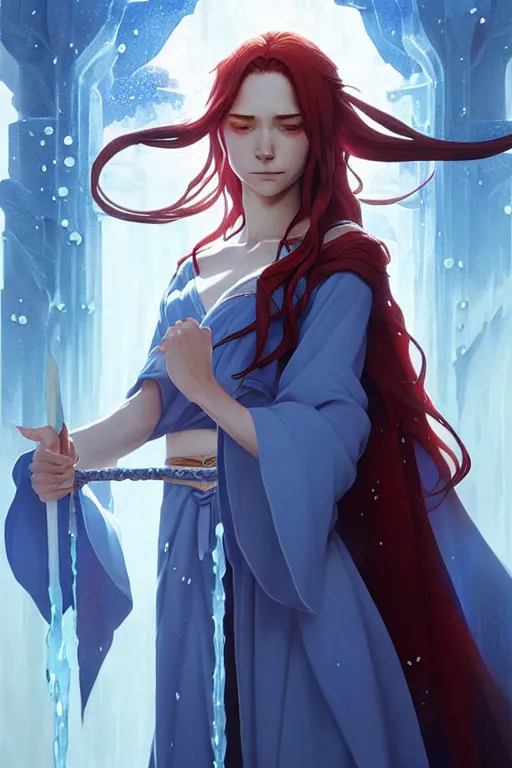 Image similar to elf female sorcerer doing water magic spells, blue robes, red hair, finely detailed perfect face, exquisite details, mid view, design on a white background, by studio muti, greg rutkowski makoto shinkai takashi takeuchi studio ghibli