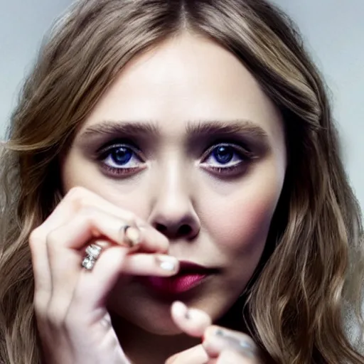 Image similar to Elizabeth Olsen holding a ring out saying 'No', photorealistic imagery, 4k, 8k