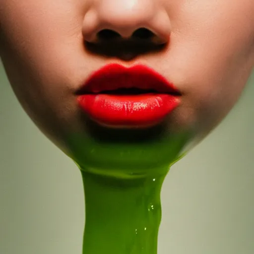 Prompt: medium shot open human mouth with thick viscous green liquid pouring out, thick red lips, human staring blankly ahead, melancholy, unsettling, art house film aesthetic, color grain 3 5 mm, hyperrealism