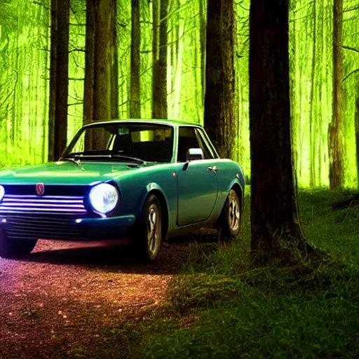 Image similar to fiat 1 2 4 in the dark forest, night, headlights on