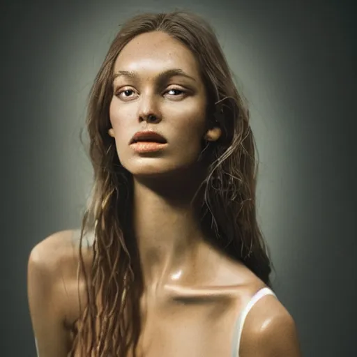 Image similar to Portrait photo of a scandinavian Supermodel underwater, long dark hair, olive skin, she has beautiful bone structure, posed in profile, studio lighting, highly detailed, art by artgerm, cinestill 800t