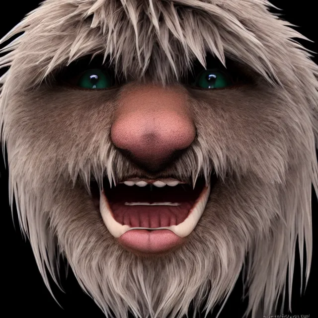 Prompt: perfectly centered close up portrait of happy hairy monster, candid photography, by anne stokes, highly detailed, unreal engine 5