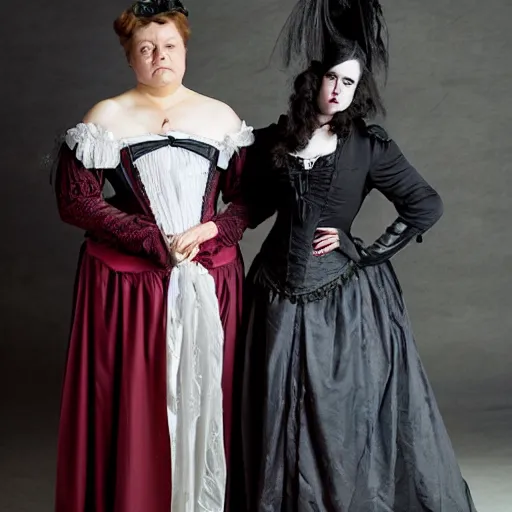 Image similar to tall vampire woman in victorian clothing standing next to normal sized woman