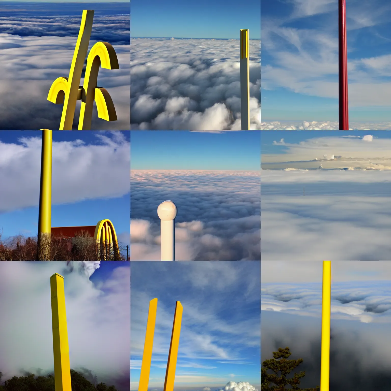 Prompt: very very tall pole towering above the clouds, mcdonald's golden arches on top