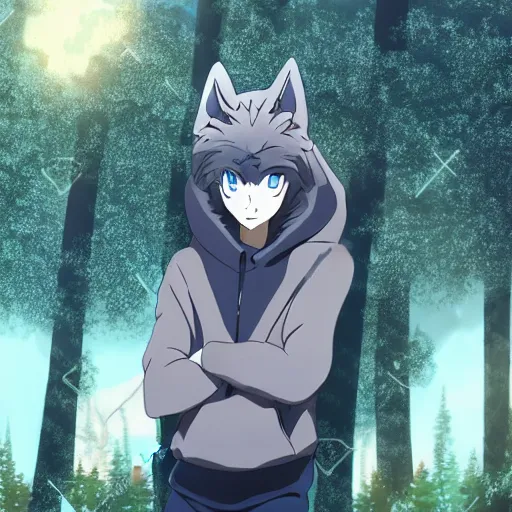 Image similar to key anime visual portrait of a handsome male anthro wolf furry fursona with beautiful eyes, wearing a hoodie in the forest, official modern animation