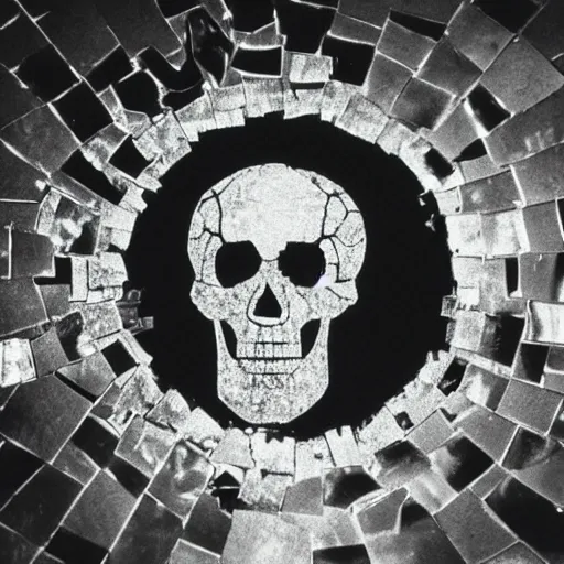 Image similar to a skull made out of broken mirrors, reflecting light in a nightclub, grainy film still