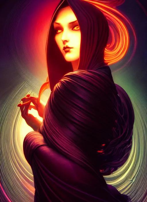 Image similar to e - book cover, side portrait, dark witch with black hood and evil eyes, realism, soft, smooth, luminescent, art nouveau tarot, backlit glow, colorful swirly ripples, gaudy colors, aesthetic octane render, unreal engine, 8 k, by artgerm, greg rutkowski, alphonse mucha