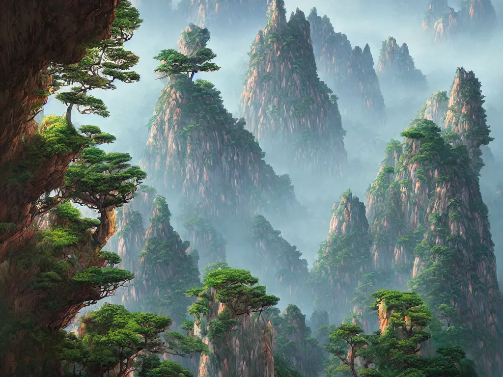 Prompt: the beautiful mountainous landscape of huangshan by gediminas pranckevicius