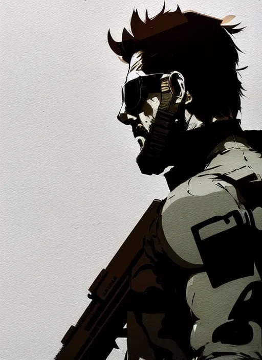 Prompt: highly detailed closeup of a moody solid snake mgs with codec by atey ghailan, by greg rutkowski, by greg tocchini, by james gilleard, by joe fenton, by kaethe butcher, by yoji shinkawa, gradient blue, black, brown and white color scheme muted tones, grunge aesthetic!!! white graffiti tag wall background