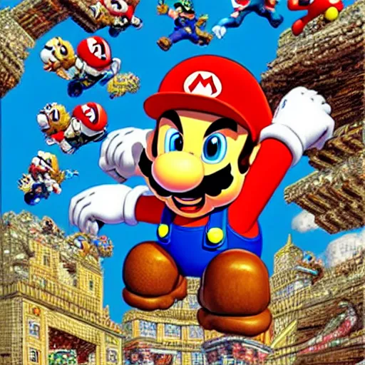 Prompt: hyper detailed illustration of Super Mario, by Kev Walker, simon bisley and paolo parente