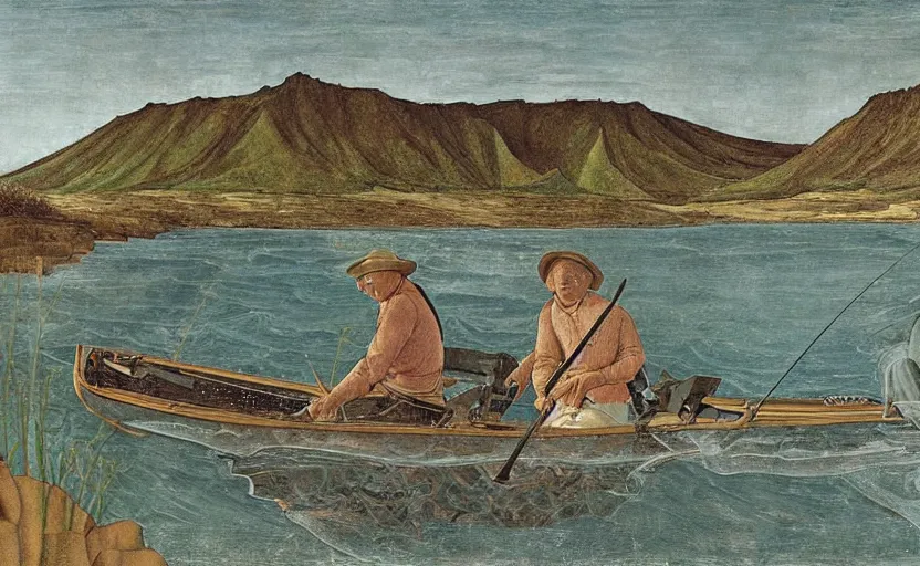 Image similar to painting of Urho Kekkonen fishing in Hawaii by Sandro Botticelli, clear texture, calm, pastel colors