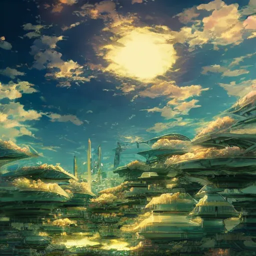 Image similar to anime portrait of ethereal floating island cities, wide shot, solarpunk, trending on artstation, studio ghibli