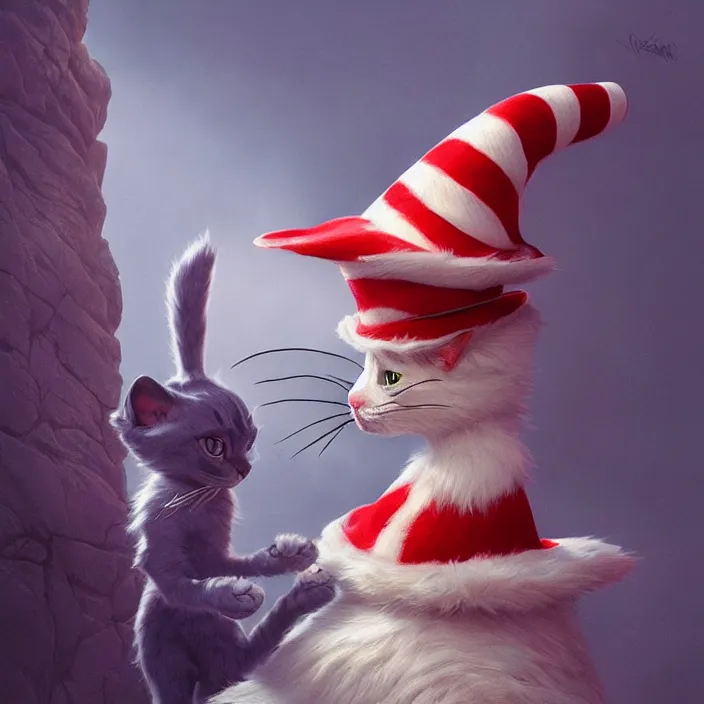 Image similar to complex 3 d render, hyper detailed, ultra sharp, of the cat in the hat, scary, cinematic, natural soft light, rim light, art by greg rutkowski and artgerm and moebius, dr seuss