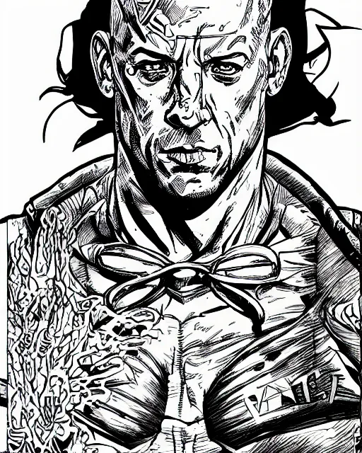 Image similar to Digital color ink drawing of Vin Diesel from JoJo\'s Bizzare Adventure, highly detailed, sharp focus, screentone shading, 1990 manga panel, trending on ArtStation, manga cover art drawn by Hirohiko Araki