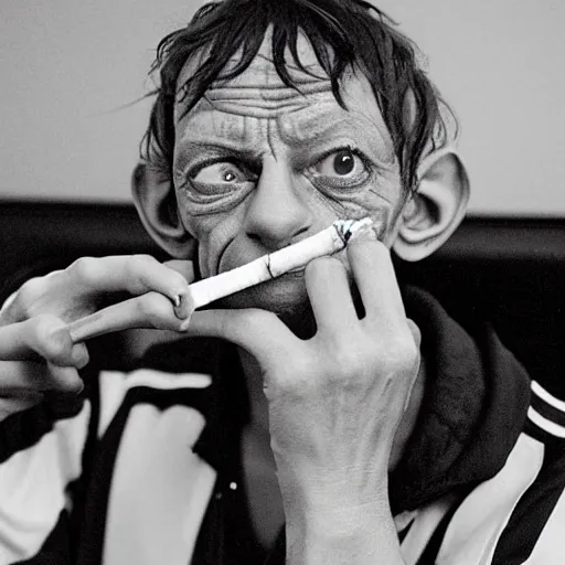 Prompt: gollum smokes cig in adidas tracksuit