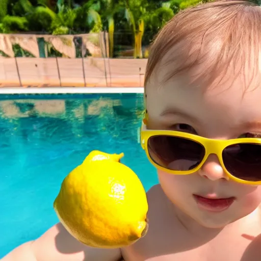 Prompt: a lemon lemon lemon wearing sunglasses playing in the pool