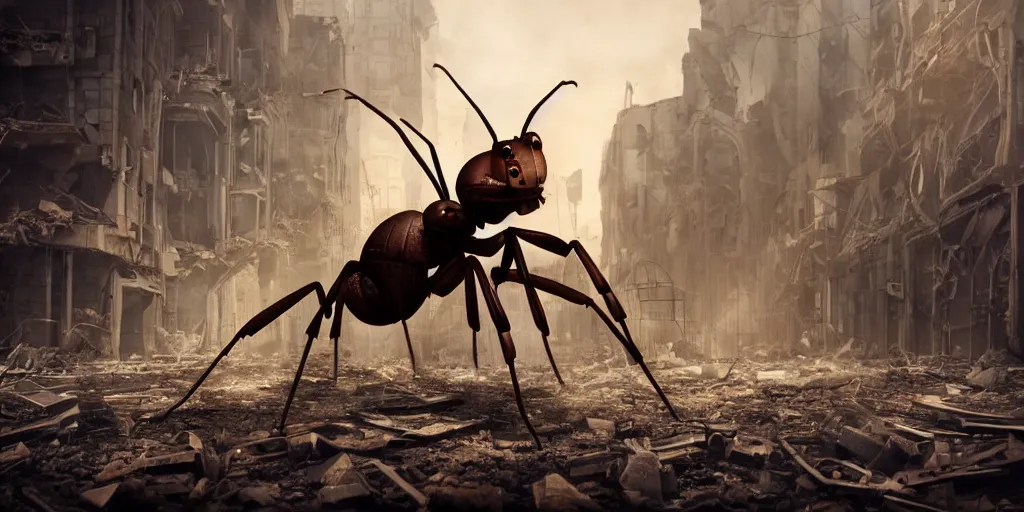 Image similar to giant steampunk ant in a destroyed city, 8 k, moody lighting, shallow depth of field,