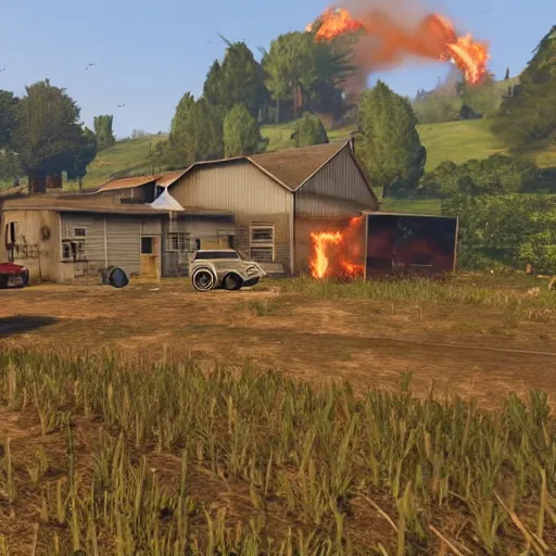 Image similar to a small vintage farm on fire in a field in the style of GTA V, gameplay footage