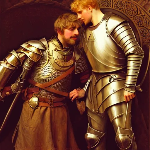 Image similar to attractive arthur pendragon and his attractive male knight, they are in love, natural lighting, path traced, highly detailed, high quality, digital painting, by gaston bussiere, craig mullins, alphonse mucha j. c. leyendecker