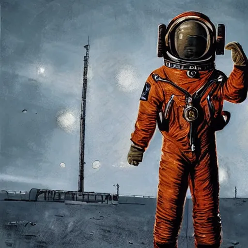 Image similar to [Leather and rust cosmonaut holding a checkered flag, very detailed, cinematic lighting, matte, sharp, photography, art by enki bilal]