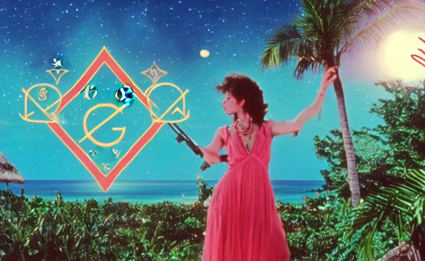 Prompt: 1 9 8 6 vintage movie screencap of a girl with a gun on a mediterranean mansion, gucci clothes, night sky, beach and tropical vegetation on the background major arcana sky and occult symbols, extremely ultra high quality photo 8 k