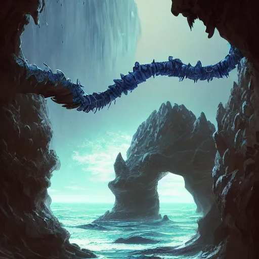 Image similar to a scary glowing blue magical portal to another world in darwin's arch, ocean and rock landscape, d & d, fantasy, intricate, elegant, highly detailed, digital painting, artstation, concept art, matte, sharp focus, illustration, art by hayao miyazaki and hideo kojima