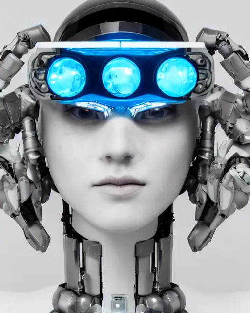 Image similar to centered portrait of soulful young shari headly as a solarpunk mecha humanoid robotic parts wearing crystal goggles with bright led lights, real human face, pudica gesture bouguereau style, in white room, ultra - realistic and intricate, soft portrait shot 8 k