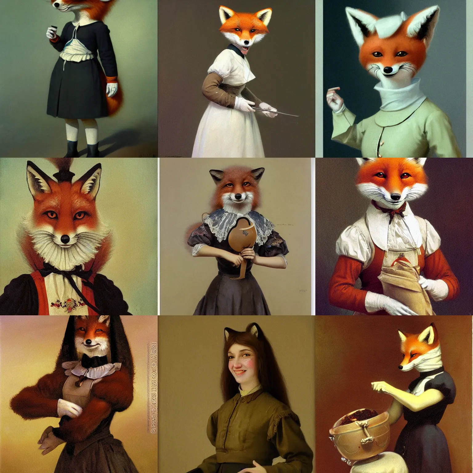 Prompt: Cute smiling anthropomorphic fox-woman in a maid uniform, painted by Ivan Kramskoi