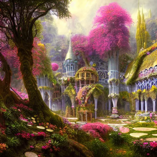 Image similar to a beautiful and highly detailed matte painting of a beautiful palace in a magical fantasy forest garden, colorful flowers, psychedelic patterns, epic scale, insanely complex, hyperdetailed, sharp focus, hyperrealism, artstation, cgsociety, 8 k, bright colors, by caspar friedrich, albert bierstadt, james gurney, brian froud,