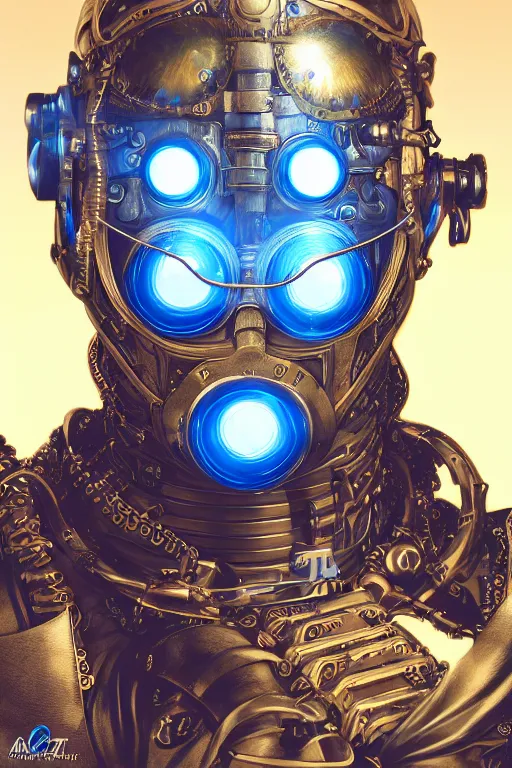 Prompt: Portrait of a steampunk sci-fi cyborg ninja male , third person, D&D, sci-fi fantasy, intricate, blue and gold, highly detailed , art by Range Murata, highly detailed, 3d, octane render, bright colors, digital painting, trending on artstation, sharp focus, illustration style of Stanley Artgerm,