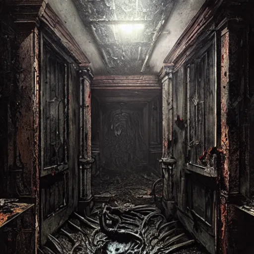 Image similar to bloody demonic snarling horror creature, inside an old abandoned house, backlit, extremely detailed digital matte painting by Greg Rutkowski and H.R. Giger