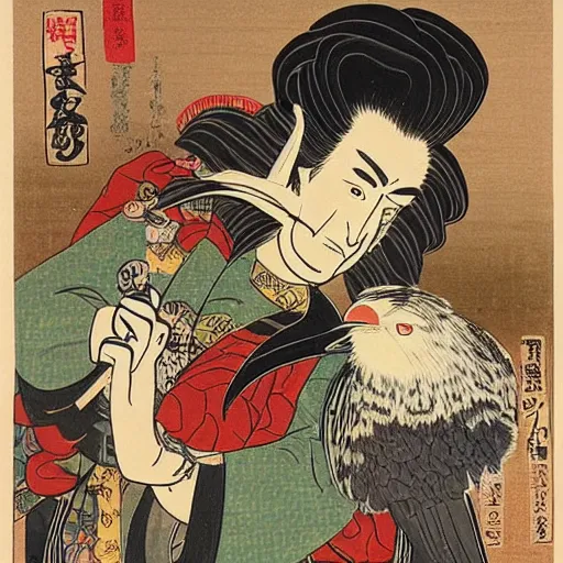 Prompt: A beautiful kinetic sculpture of a man, with an animal skull for a head, and a large bird perched on his shoulder. The man is looking up at the bird with a fierce expression, and the bird is looking back at him with what seems to be an equally intense gaze. vintage Disney by Kunisada